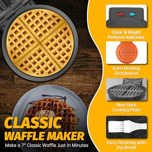 7-Inches Round Classic Waffle Maker Machine for Crispy Thin Waffles, Non-Stick Mini Waffle Iron, Black