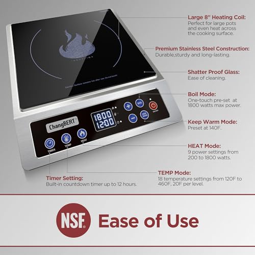 CHANGBERT Portable Induction Cooktop, Powerful 1800W with Large 8" Heating Coil, Premium Stainless Steel Commercial Grad